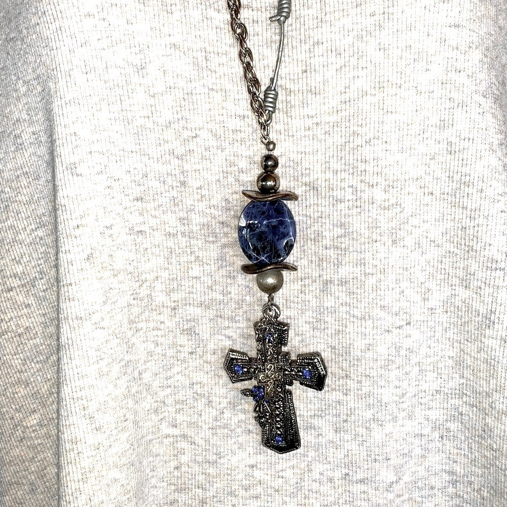 SILVER CROSS artisan Necklace, blue/silver beads, chain/long leather cord. EUC - Picture 4 of 12